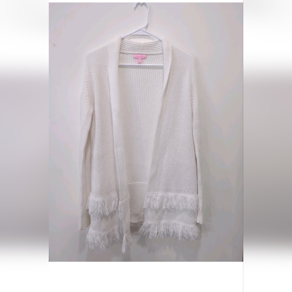 Lily Pulitzer White Cardigan with Fringe Size Small Knit Open Front Sweater